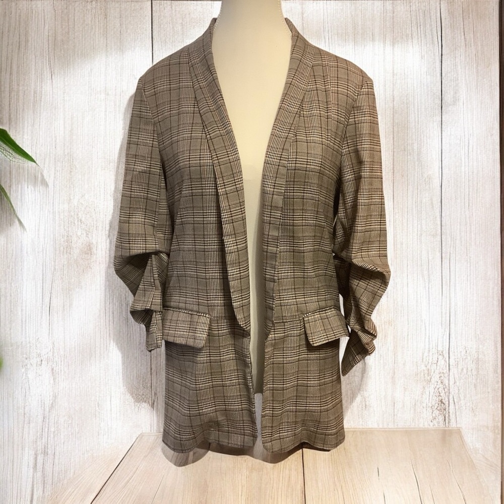 C&A CITY PLAID OPEN FRONT 3/4 RUCHED SLEEVE BLAZER JACKET/ Size S